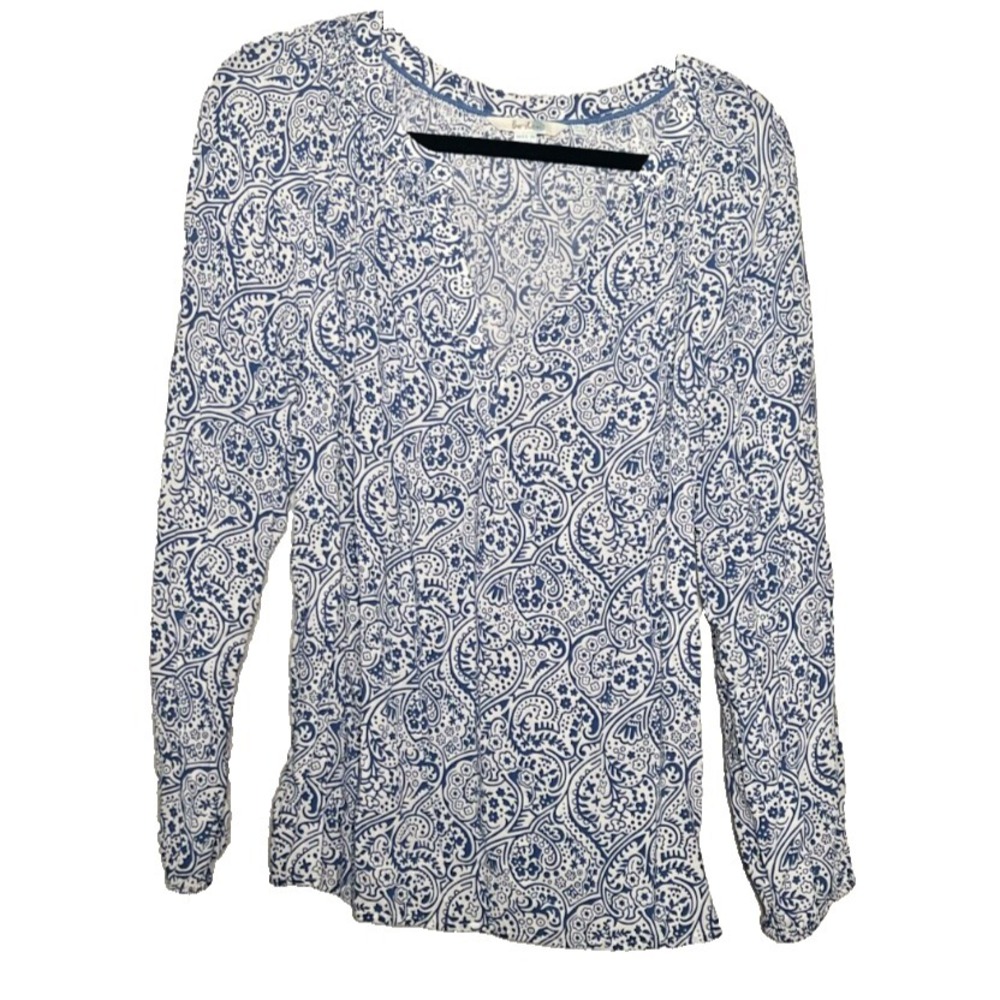 Boden Split Neck Shirt Women's 12 Blue White Floral Long Sleeve